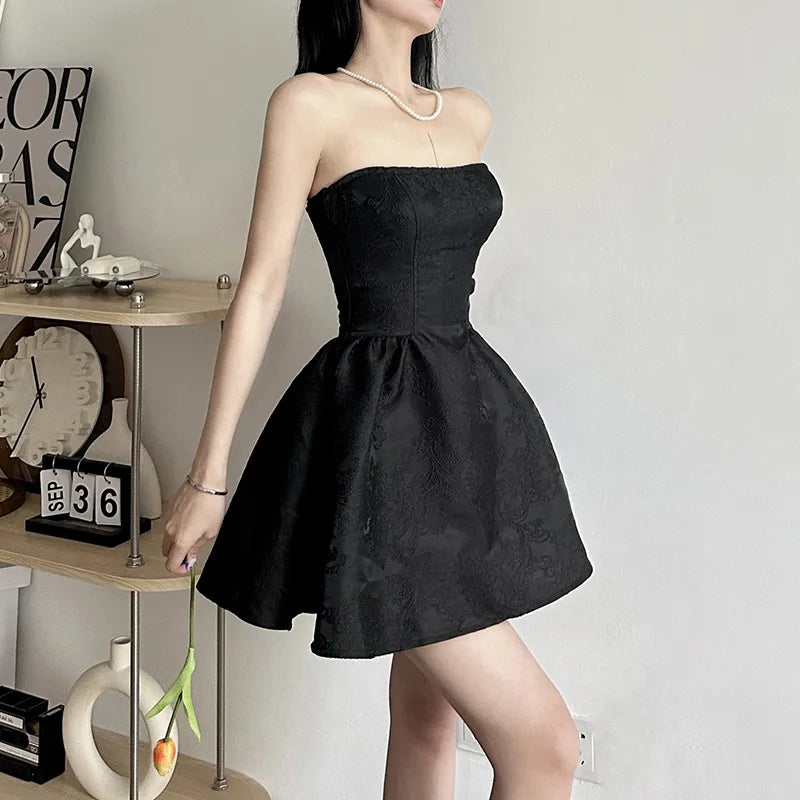 Summer Harajuku Strapless Dress Solid Casual A-Line High Dress Waist Loose Printing Slash Neck Short Mini Dresses Woman