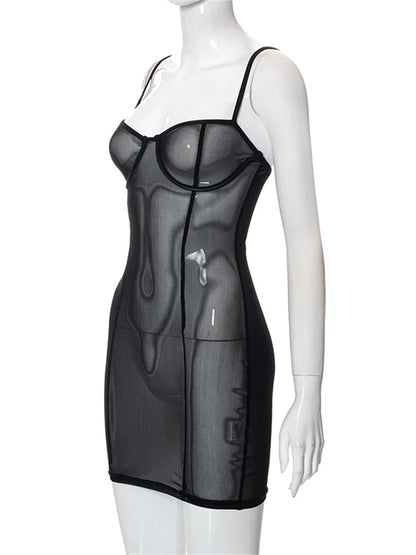 CHRONSTYLE Mesh Sheer See Through Sexy Women Dresses Black Party Clubwear Summer 2023 Sleeveless Strap V-neck Slim Dress Vestido