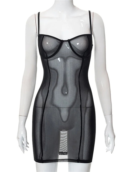 CHRONSTYLE Mesh Sheer See Through Sexy Women Dresses Black Party Clubwear Summer 2023 Sleeveless Strap V-neck Slim Dress Vestido